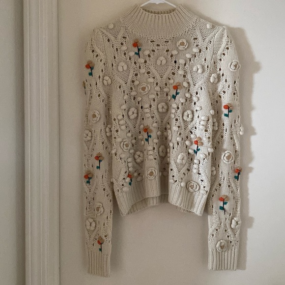 Zara Bloggers Favorite Pom Pom Floral Knitted Sweater Rare Turtleneck - Picture 6 of 11